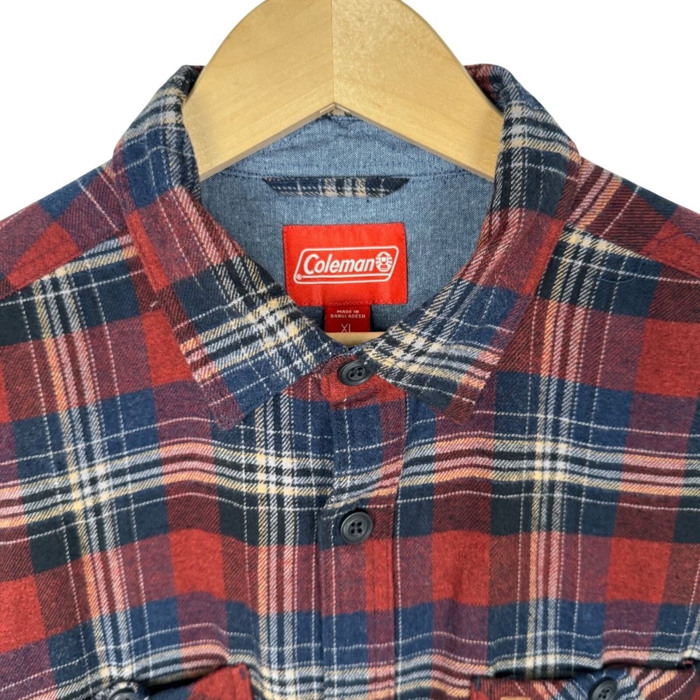 Coleman Mens Plaid Flannel Shirt Burgundy Blue Cotton Long Sleeve‎ MSZF1B2220 XL